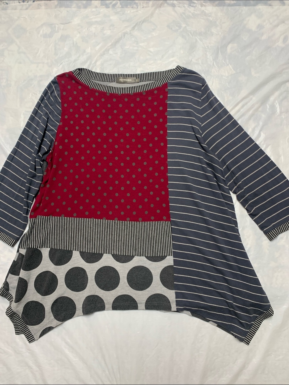 Alembika Patchwork Polka Dot Lagenlook Tunic Size 3/Lg Asymmetrical Hem